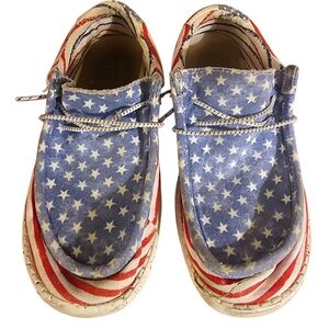 Hey‎ Dude Kids Moccasins - Red, White, and Blue Star Design Size 4Y